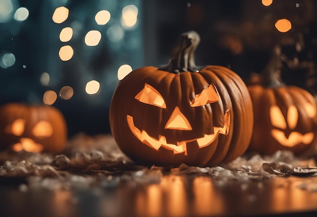 a pumpkin with a face carved into it sits on a table