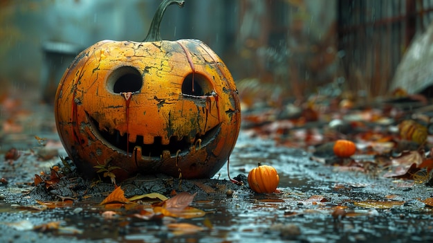 a pumpkin with a face carved out of it sits in the rain