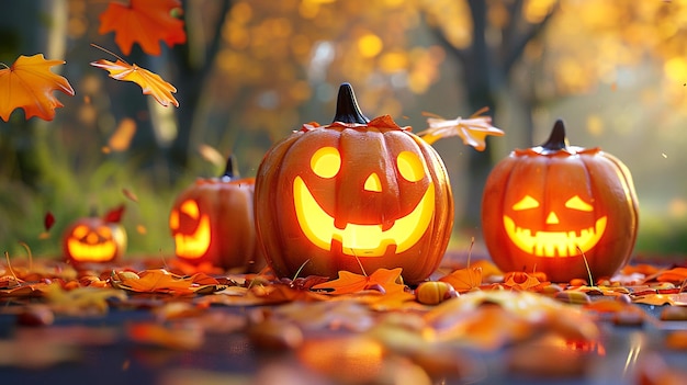 a pumpkin with a face on it sits in the leaves of autumn