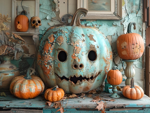 a pumpkin with a face on it sits on a table with pumpkins and other pumpkins