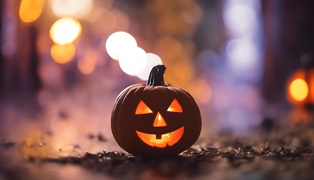 a pumpkin with a face on it sits on a table