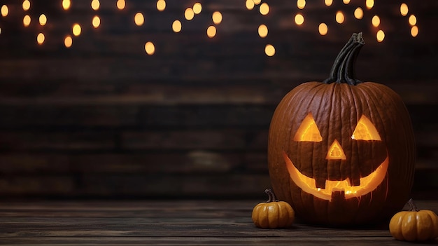 Photo a pumpkin with a face on it sits on a wooden floor