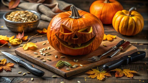 Photo a pumpkin with a face on it sits on a wooden surface