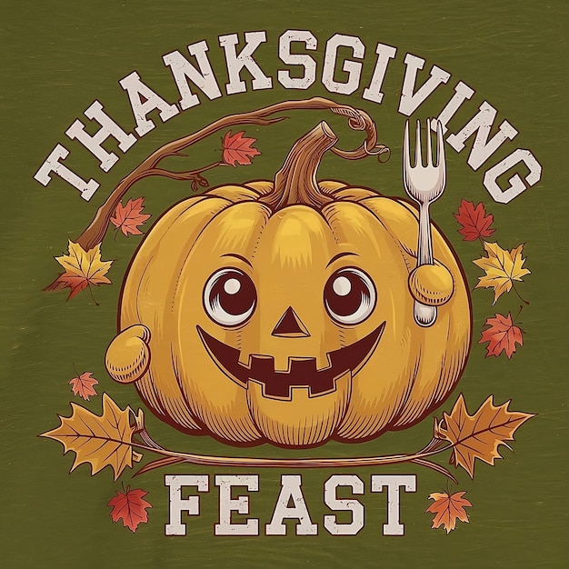 a pumpkin with a fork in it that says thanksgiving food