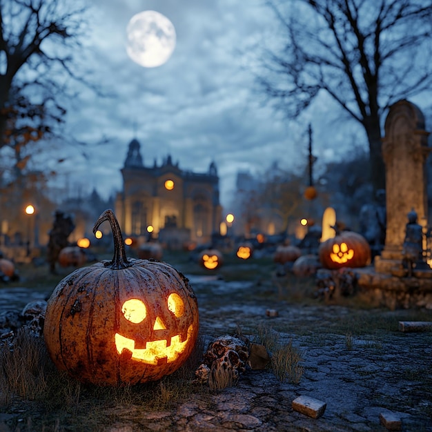 a pumpkin with a full moon in the background