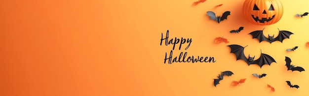 Photo pumpkin with happy halloween text and bat decorations background