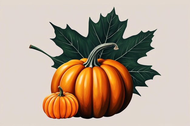 Pumpkin with a leaf and another pumpkin on it