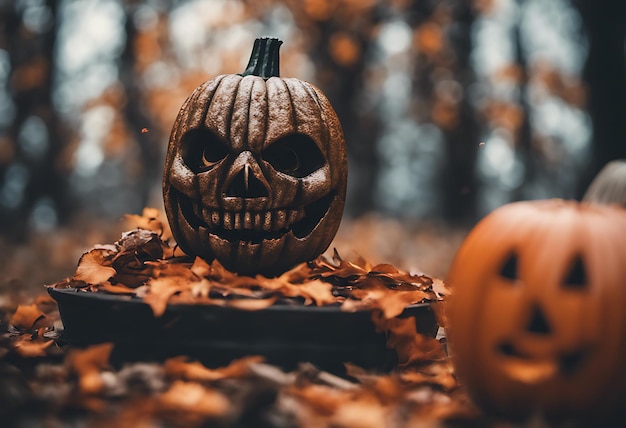 a pumpkin with a pumpkin on it sits in the woods