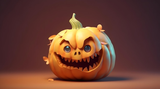 A pumpkin with a scary face is on a brown background.