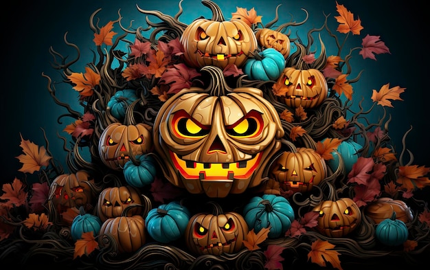 a pumpkin with a scary face is surrounded by pumpkins.