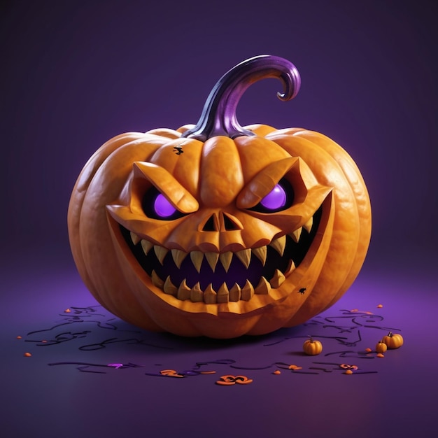 a pumpkin with a scary face and a purple background