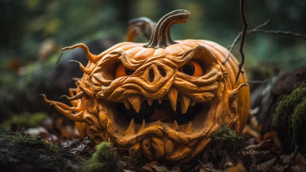 A pumpkin with a scary face sits in the woods.