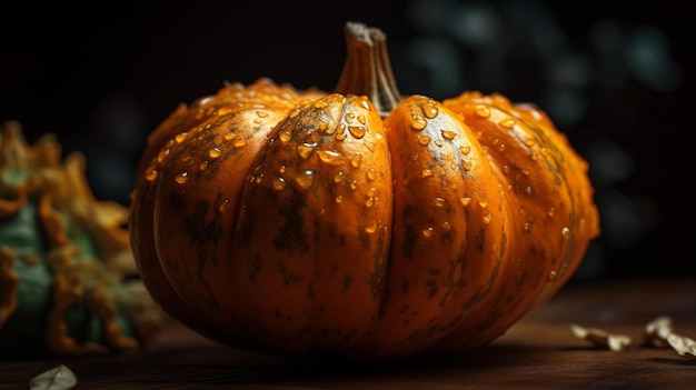 A pumpkin with small drops of water on it