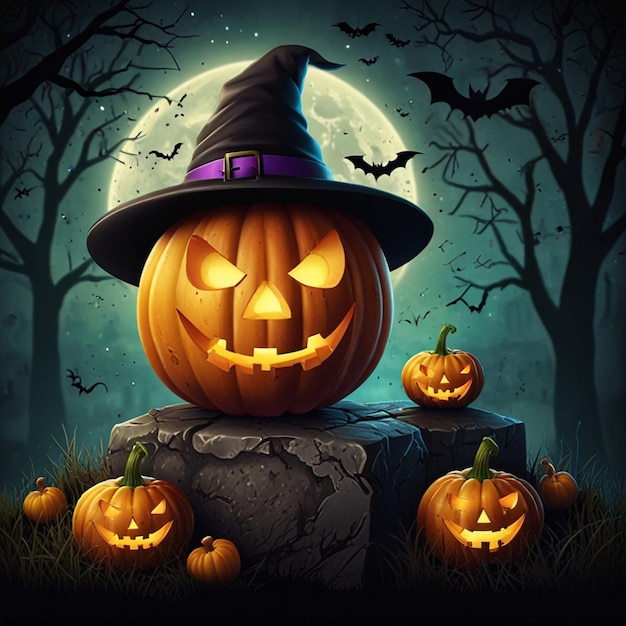 a pumpkin with a witch hat on it sits on a rock in front of a full a halloween scene with pumpkins