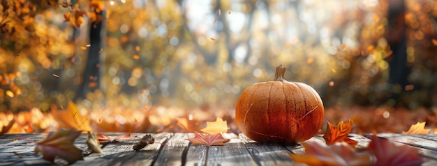 Photo pumpkin on a wooden table with an autumn background