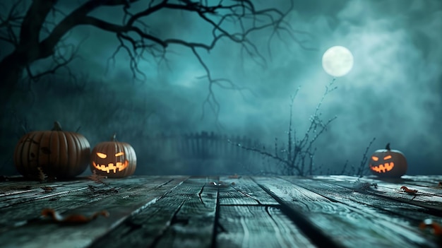 a pumpkin on a wooden table with a full moon in the background