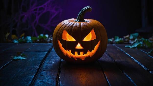 A pumpkin on a wooden table with a purple background Concept of Halloween