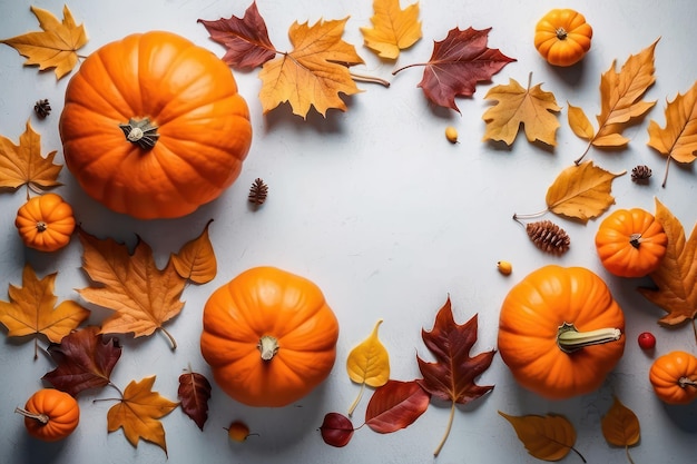 Pumpkins and autumn leaves arranged on a white background symbolizing fall and festive seasons