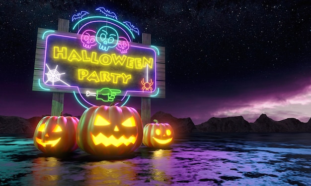 Pumpkins and Billboard with Shiny Neon Lamps under the night stars. Happy Halloween Greeting Card. Party invitation banner. 3d rendering