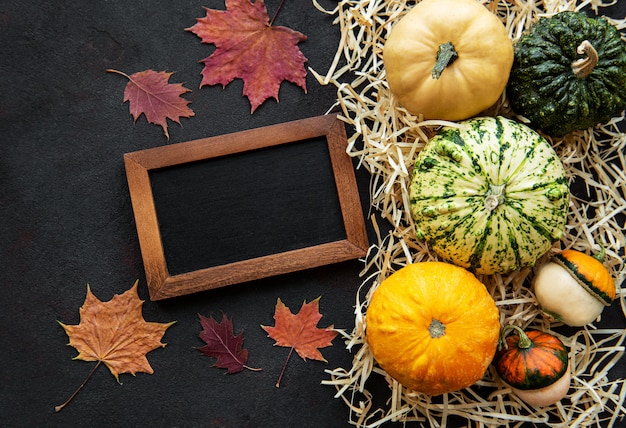 Pumpkins and blank frame on a black background