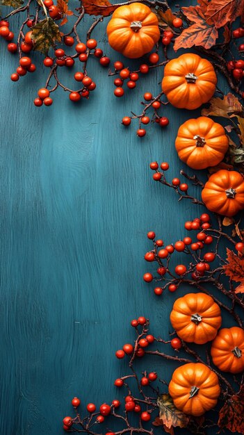 Photo pumpkins on a blue background with fall leaves