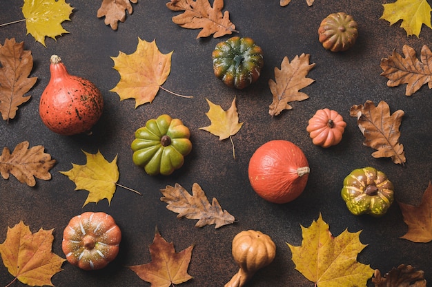 Pumpkins and colorful fall leaves on brown background