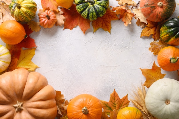 Pumpkins and colorful fall leaves on brown background