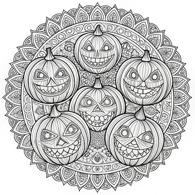 a pumpkins face and faces are arranged in a circle