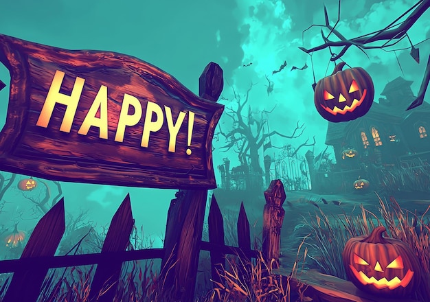 Photo pumpkins and fairy lights decorate the happy halloween sign poster