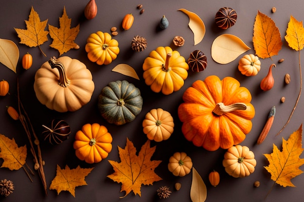 Pumpkins and fall leaves on table Generative Ai