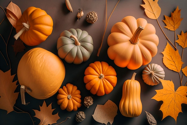 Pumpkins and fall leaves on table Generative Ai