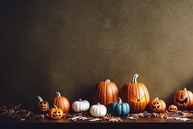 Pumpkins in foliage for Halloween holiday lying on the floor Spooky drawings on pumpkins