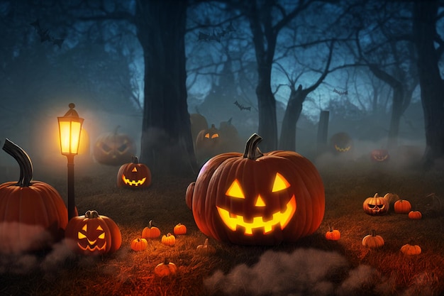 Pumpkins In Graveyard Halloween Background 3d illustration