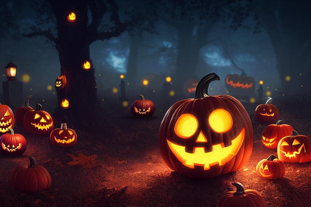 Pumpkins In Graveyard Halloween Background 3d illustration