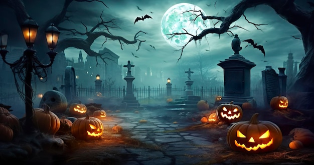 Pumpkins In Graveyard In The Spooky Night Halloween Backdrop