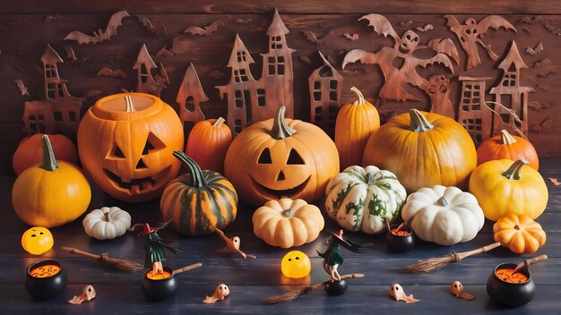 Pumpkins and halloween accessories on wooden background