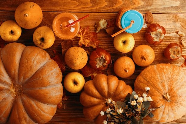 Pumpkins juice in bottles with pumpkins. 