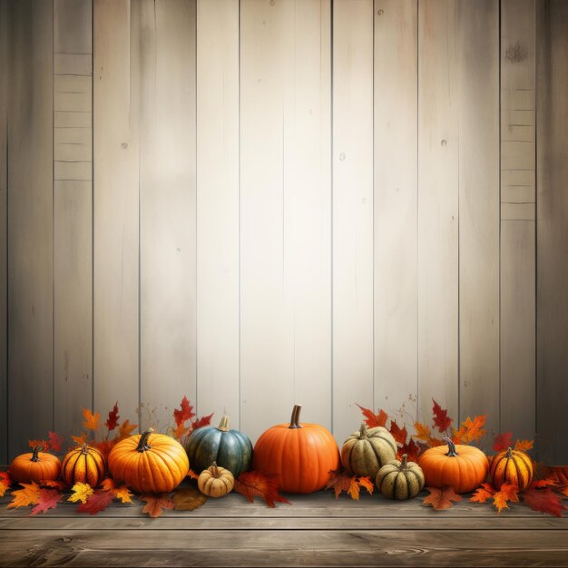 Photo pumpkins and leaves on a wooden background