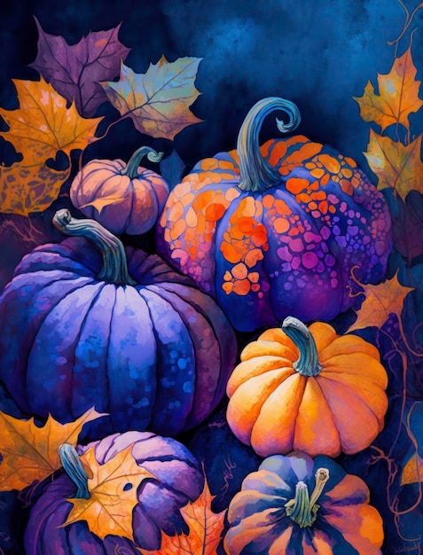 Pumpkins painted in watercolor on a blue background in the style of repeating pattern layered mesh