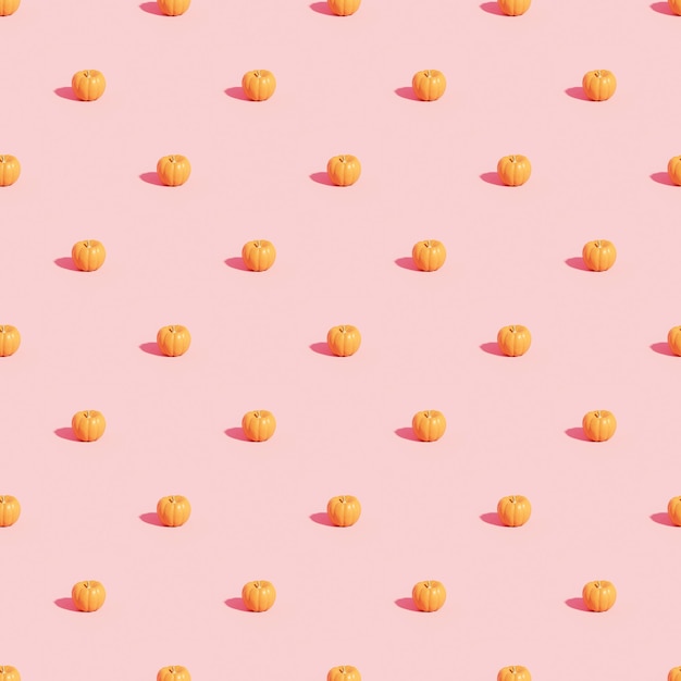 Pumpkins pattern on pink background for advertising on autumn holidays or sales, 3d render