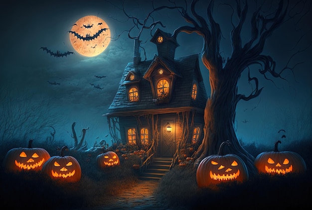 Pumpkins surround the Halloween scary house at night high caliber