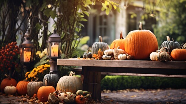 Pumpkins for thanksgiving day on wooden table