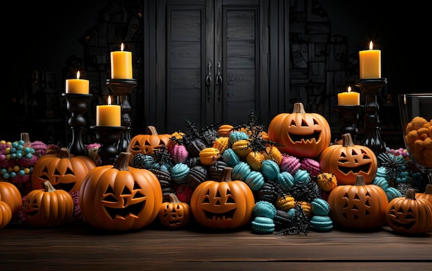 pumpkins with candles on a wooden table.