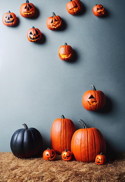 Pumpkins with faces lying on hay wall in the background pumpkins for Halloween celebrations