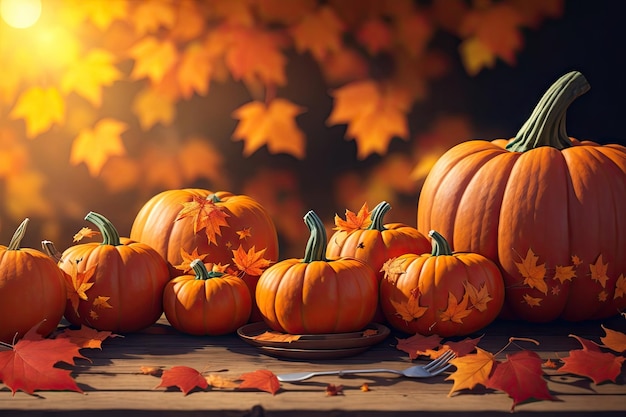 Pumpkins with fall leaves over wooden background ai generative