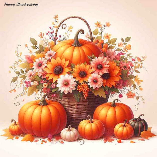 Pumpkins with flowers concept background