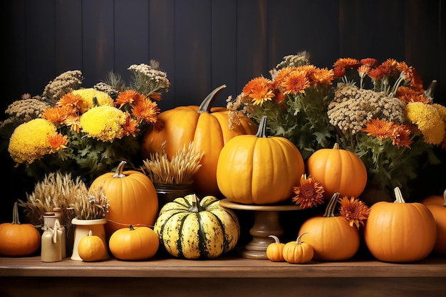 Pumpkins with red and yellow flowers in autumn composition on wooden background Generative AI