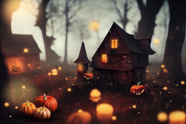 Pumpkins with witch's castle Halloween Background 3d illustration