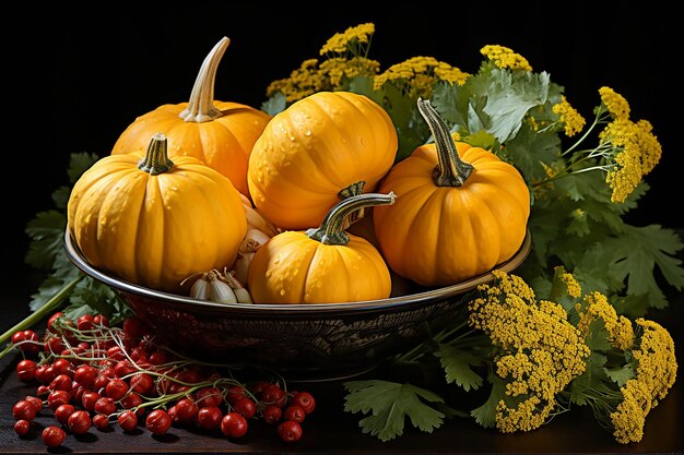 Pumpkins with yellow flowers autumn composition on black background copy space for textGenerative AI