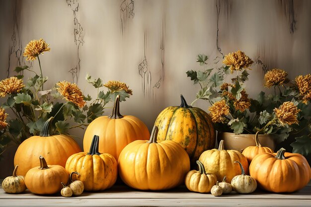 Pumpkins with yellow flowers autumn composition on wooden background copy space Generative AI